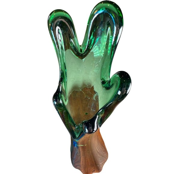 Hand Blown 2 Swung Glass Bud Vases Blue Cobalt & Green Retro MCM Collectable - Picture 8 of 13